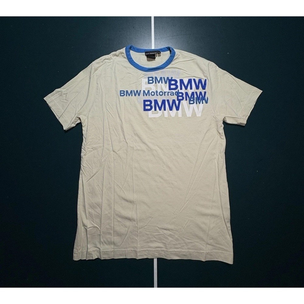 BMW Motorrad Mens T‎ Shirt Size Medium Ringer Tee White Blue Cream Motorsport